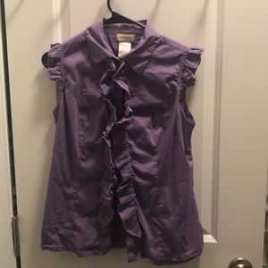Purple front ruffle button down top